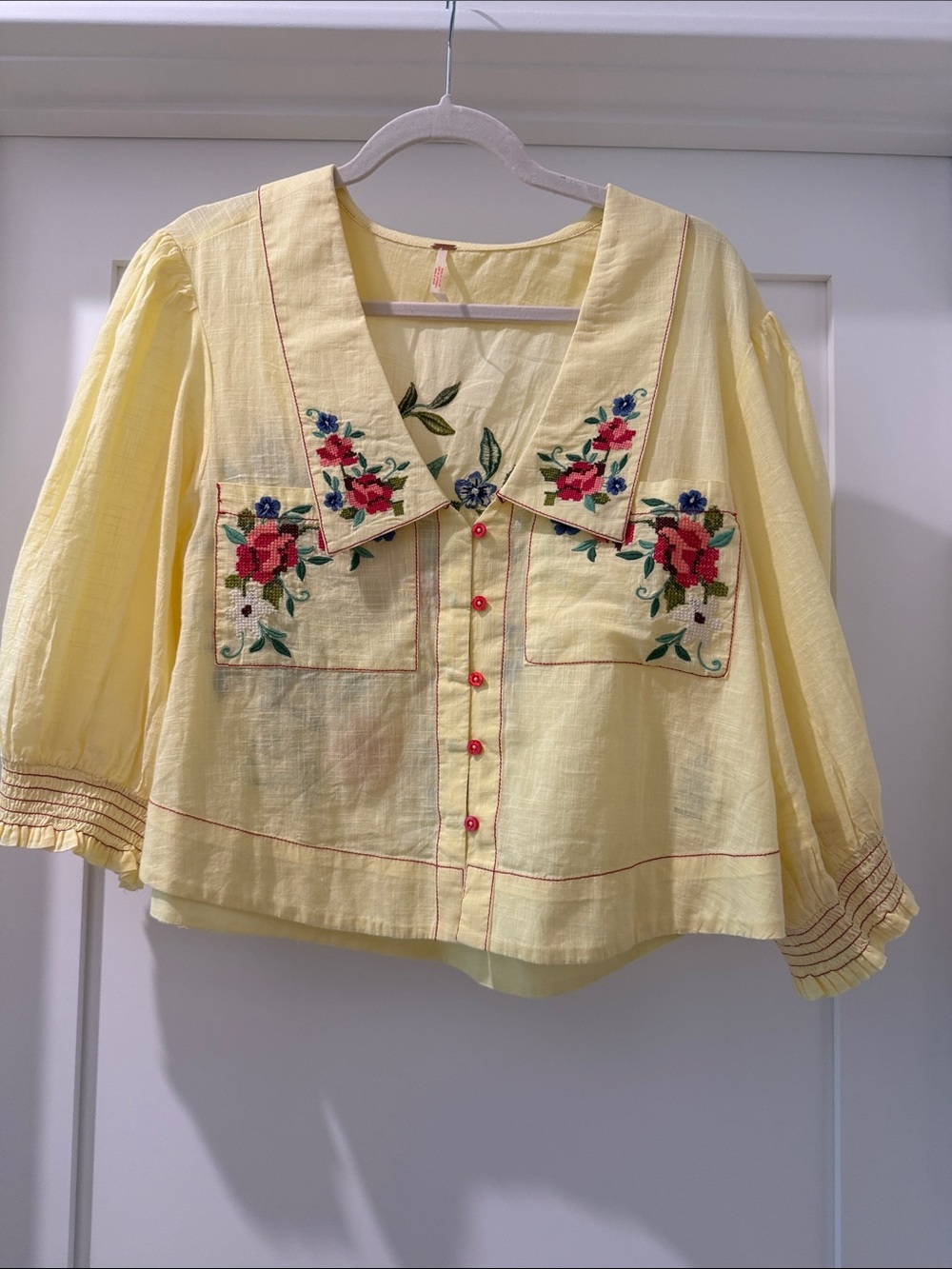 Free People Yellow Embroidered Floral Crop Blouse(bw)